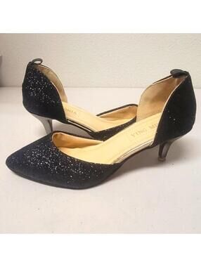 Ying Ming Black Sparkle Pointed Toe Kitten Heels Size 36